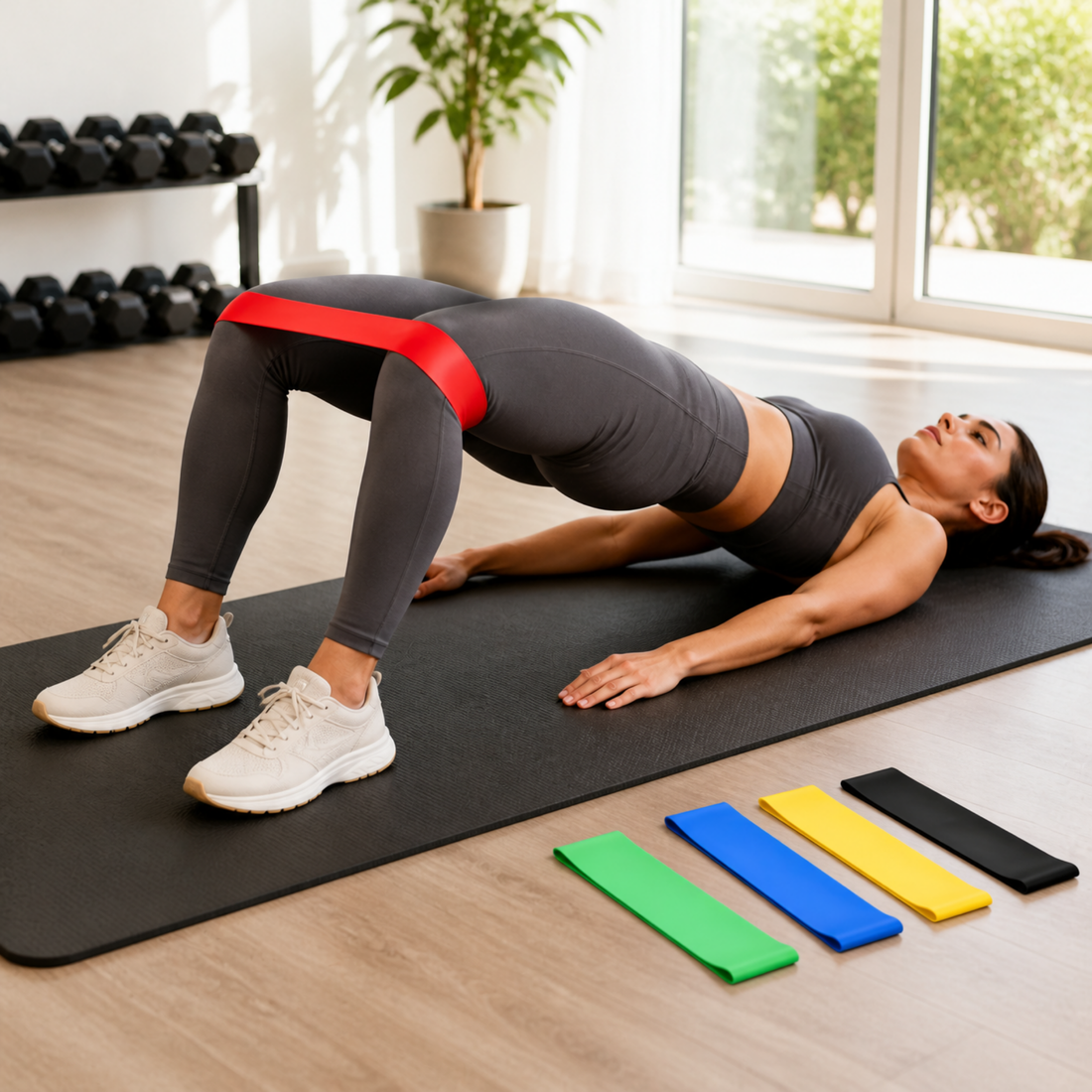 Femme réalisant un pont fessier avec une bande de résistance Movex